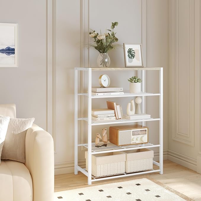 Yusong Shoe Rack Organizer, 5 Tier Industrial Shoe Storage Shelf, Narrow Sturdy Metal Shoe Shelves for Closet Entryway, White
