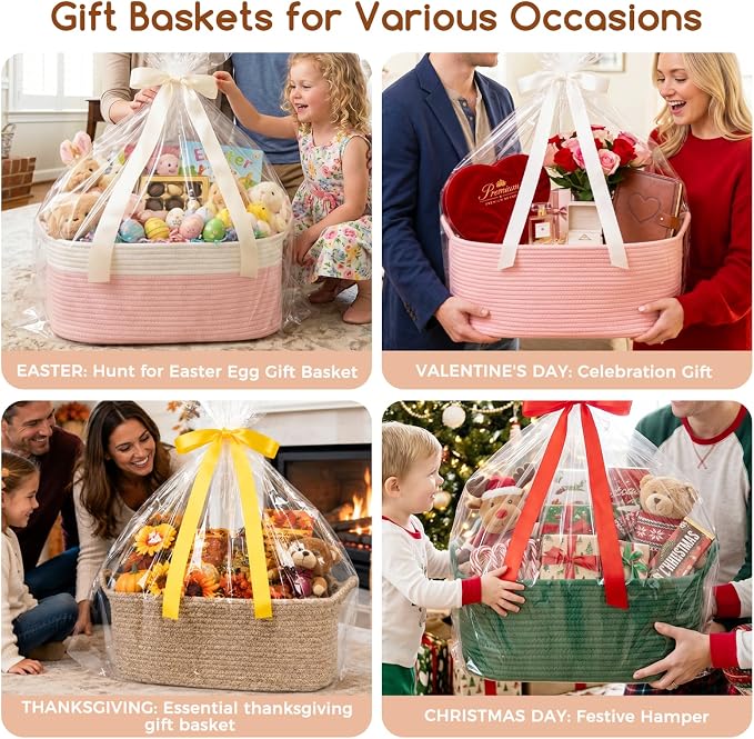 OIASKET Large Empty Cotton Rope Gift Basket with Handles, 16.5"x12.6"x7" Decorative Woven Storage Basket with Gift Bag and Ribbon Set for Baby Shower, Toy Organizer for Kids, Dogs & Cats - Pink&White