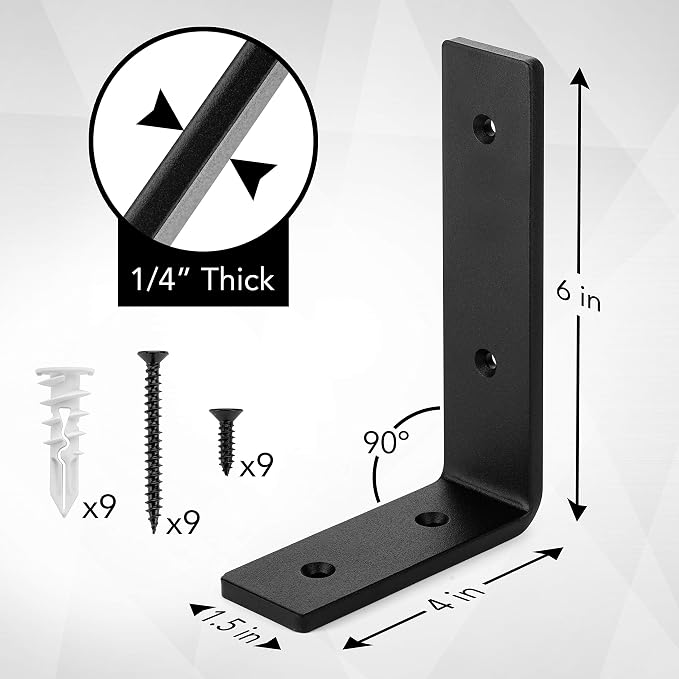 Premium Heavy-Duty Shelf Brackets - Quarter Inch (1/4') Thick - Rustic Industrial Modern Farmhouse Black Iron Finish Shelf Holder Hanger Bracket w/ Hardware, 4-PK - Multiple (6' x 4')