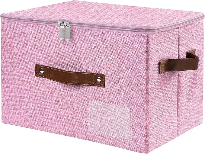 ANMINY Storage Bins with Zipper Lid Storage Boxes with Label Holder PU Leather Handles Washable Foldable Decorative Lidded Cotton Linen Fabric Cubes Baskets Closet Organizer - Pink, Medium