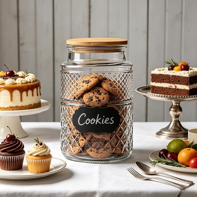Large Glass Storage Jar, 2 Pack 60 FL OZ Glass Food Storage Containers with Bamboo Lid, Kitchen Laundry Room Organization Jar for Cookies Coffee Flour Sugar Laundry Pods Detergent Airtight Glass Jars