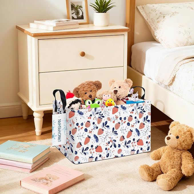Rectangular Collapsible Strawberry Storage Basket Nursery Toy Organizer | Storage Bin Foldable Canvas with Handles for Organizing Home Kitchen Children Toys Office Closet Shelf Baskets
