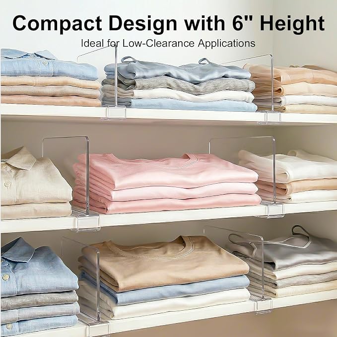 Purse Organizer for Closet Shelf Dividers: 6-inch Tall (Shorter Version) Adjustable Clear Acrylic Bag Storage Organizer for Handbags, Sweaters, Towels, Jeans and Shoes on Wood Shelves 8-Pack