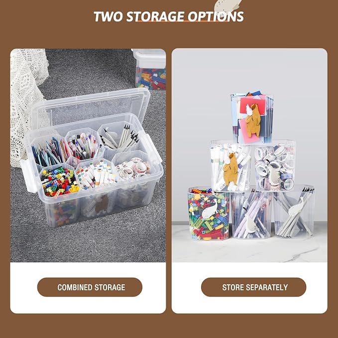 17QT Plastic Storage Bins with Lids - 1 Pack Art Craft Supply Organizer Box with Brush Pot for Kids, Stackable Clear Pen Container for Toy/Sewing/Comestic/Tool/Playdoh (1 Pack)