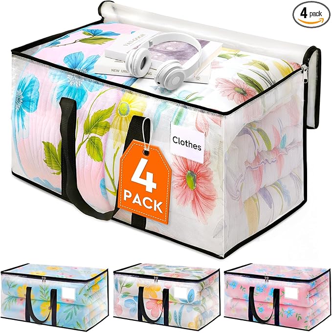 HomeHacks Clear Moving Bags Heavy Duty 4 Pack, Storage Bags with Zipper, Extra Reinforced Handles & Waterproof Packing Boxes for Moving, Camping, Home Organization 93L/24Gal (28.7"x14.2"x14")