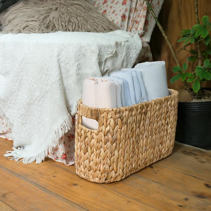 KOKODO Water Hyacinth Toilet Paper Storage Basket with Handles, Free Standing Wicker Basket for Toilet Paper, Magazines, Toiletries & Cleaning Supplies, Holds 6 Rolls