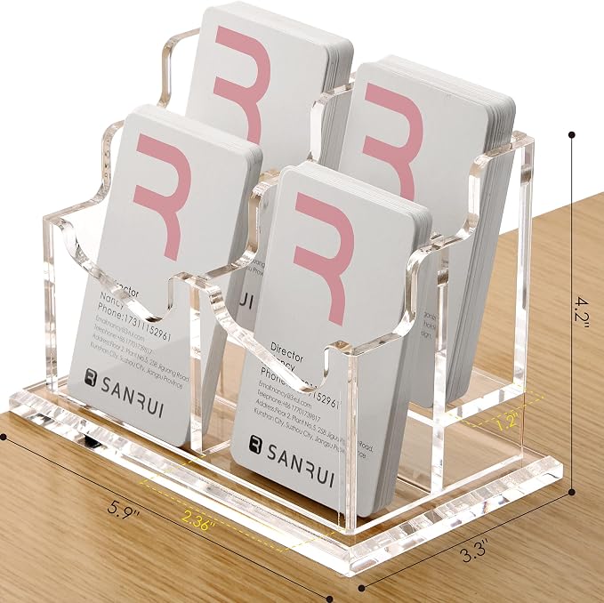 SANRUI Vertical Business Card Holder for Desk，Clear Acrylic Business Card Display Stand，4 Slots 2 Tier ，Holds 200 Cards