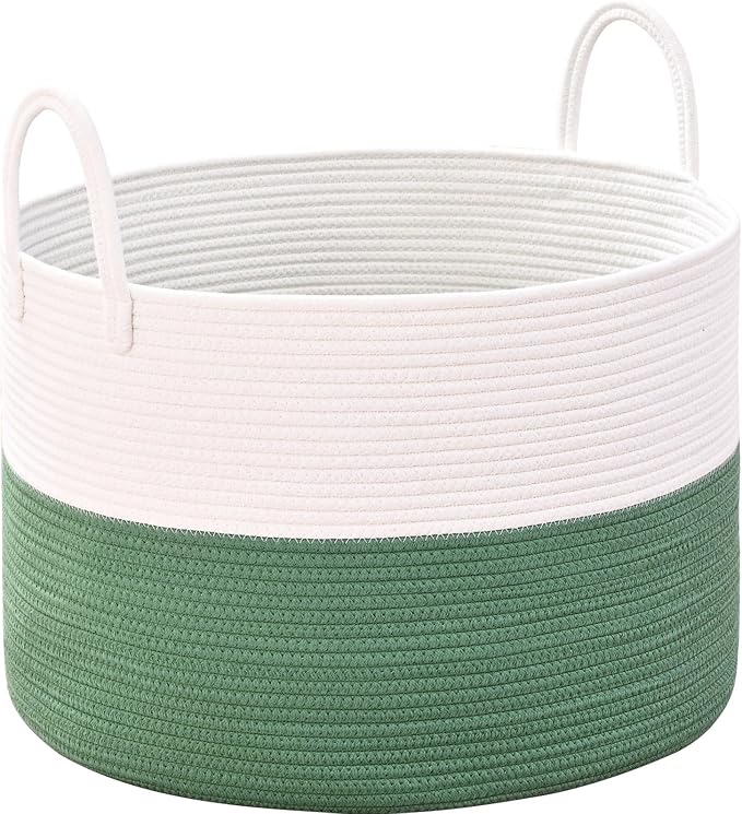 67L Large Woven Blanket Basket, Cotton Rope Baby Laundry Hamper with Handles, Kids Toy Basket for Classroom & Nursery, Soft Round Stuffed Animal Storage, Dog Toy Bin - 20"x13", Green