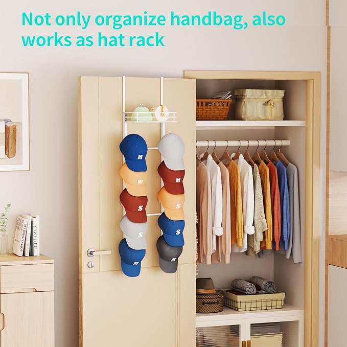 HapiRm Over the Door Purse Organizer - Wall Mounted Purse Rack with 10 Hooks and Metal Basket, Hanging Handbag Organizer Holds up to 10 Bags, Bag Rack Can Use As 1/2 Part, for Door, Closet (White)