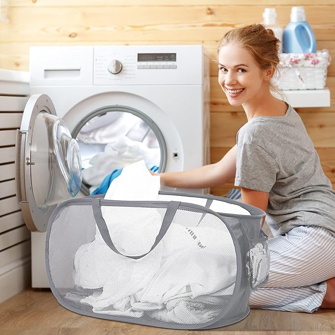 5 Pcs Durable Collapsible Laundry Baskets, Foldable Laundry Basket Large Opening, Pop Up Laundry Hamper with Pocket, Clothes Hamper with Handles for Laundry, Bathroom, Kids Room, Dorm or Trave
