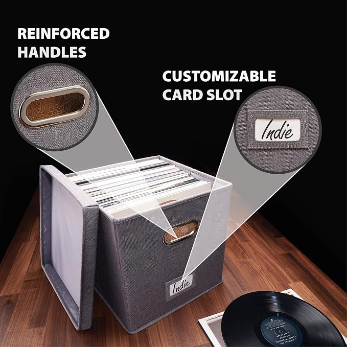 ZICOTO Decorative Vinyl Record Storage Box for 50+ Single Records - Sturdy and Easy to Carry LP Holder with Lid - The Perfect Storage Crate for Your Valuable Album Collection