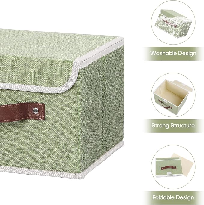 ANMINY Storage Bin with Lid Storage Boxes with PU Leather Handles PP Plastic Board Decorative Foldable Lidded Cotton Linen Fabric Home Cubes Baskets Closet Organizer Container - Green, Small Size