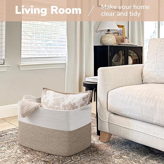 Goodpick Woven Baskets for Organizing, 18" x 14" x 12" Blanket Storage for Living Room Home Decor, Rectangle Toy Storage Basket for Kids, Large Gift Baskets Empty, White & Brown
