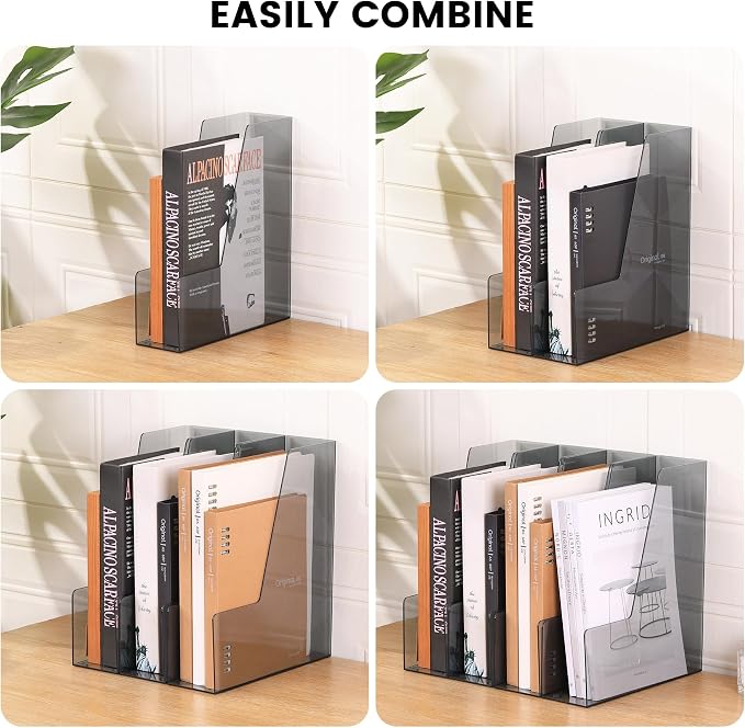 CiWiVOKi Vertical File Holder, PET Desk Organizer and Storage Bins Holding for Magazines, Binders, Notebooks, Envelopes, Papers, Multi-purpose Plastic Document Organizer for Home Office, Black, 4 Pack