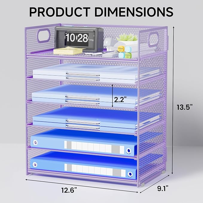 Purple Paper Organizer for Desk with Handle, 6-Tier Metal Mesh File Organizer | Stackable Desktop Organizer for Office Supplies & Stationery Storage
