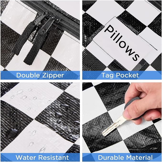BETU 12 Pack Moving Bags Moving Storage College Dorm Camping Packing Travel PE Heavy Duty, Sturdy Handle, Zipper Large Storage Tote Bag Moving Boxes Box Alternative - White Plaid 29L x 15W x 15H