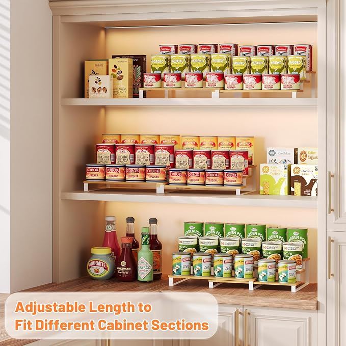 Expandable Can Organizer for Pantry, 3-Tier Adjustable Bamboo & Iron Can Rack for Cabinets, Easy Access Food Storage Shelf for Canned Goods