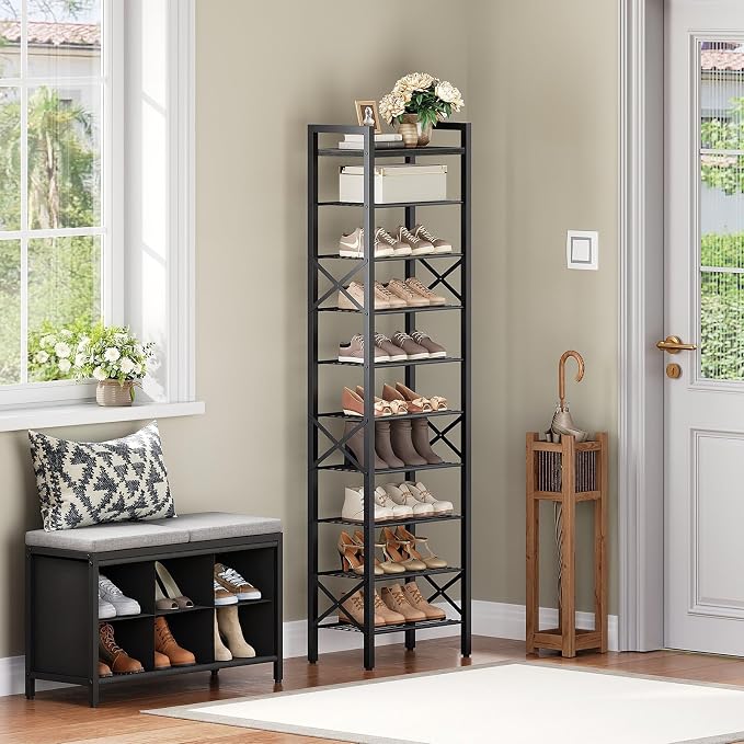 YATINEY 10-Tier Narrow Shoe Rack, Tall Shoe Rack for 10-20 Pairs, Slim Shoe Storage Organizer with Wooden Top, Space Saving, Metal Frame, for Entryway, Charcoal and Black SS68BC