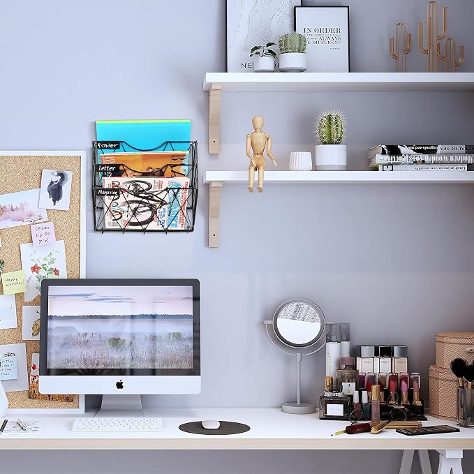 3 Tier Wall File Holder Organizer, Hanging File Organizer, Magazine Rack, Wall Mount Paper Folder Holder, with 5 Key Holder Hooks,Metal, Black