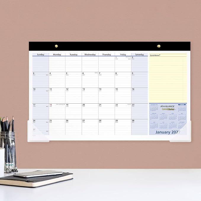 AT-A-GLANCE 2027 Desk Pad Calendar, Monthly Desk Wall Planner, 13-Month Jan-Jan, 18" x 11", QuickNotes (SK7100027)