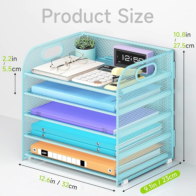 Cawukege 5 Tier Paper Organizer with Handle, Blue Metal Mesh Desk Organizer File Folder Paper Letter Tray Desktop Document Sorter for Classroom, School, Office Accessories Organization and Storage