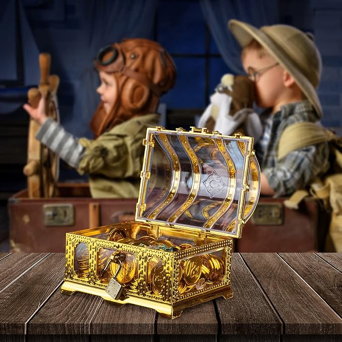 Pirate Treasure Chest for Kids Toy, Decorative Transparent Golden Pirate Chest with Lock and Key