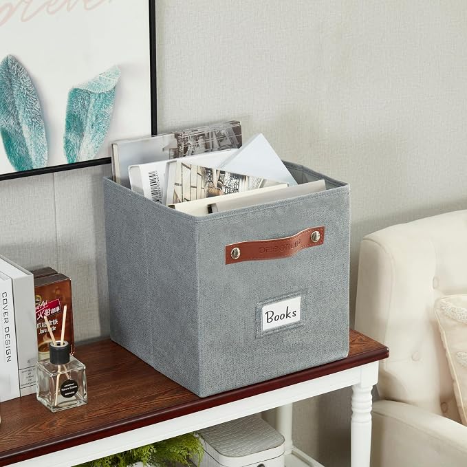 DECOMOMO Storage Bins, Cube Storage Bin with Labels | 10.5" x 11" Fabric Storage Cubes for Shelves (6pcs, Texture Grey)