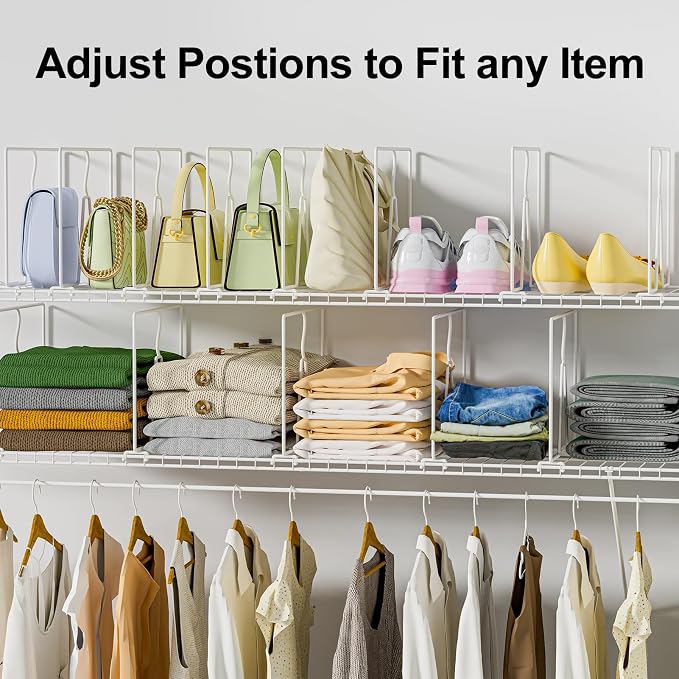SortNStore Wire Shelf Dividers for Closet: Tall 8 Pack 12-inch Deep Wire Rack Accessories - Adjustable Purse Organizer for Clothes Handbags - Metal Pantry Separators
