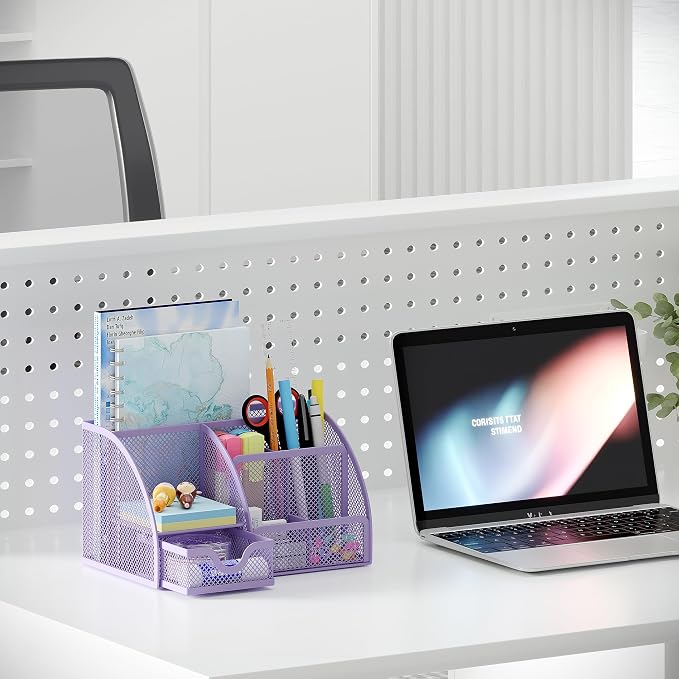 EasyPAG Mesh Desk Organizer with Drawer Multi-functional Pen Holder Stationery Organizer for Office School Supplies 6 Compartments Dorm Organizers and Storage for Desk, Light Purple