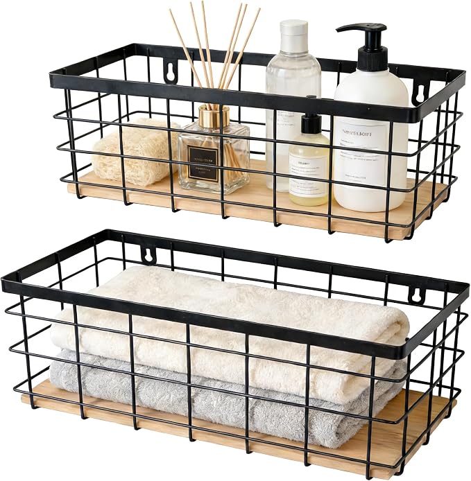 ShabbyDecor Metal Wire Basket for Kitchen Cabinets,Pantry,Bathroom,Set of 2 | Detachable Wood Base Metal Storage Organizer, Farmhouse Hanging Basket