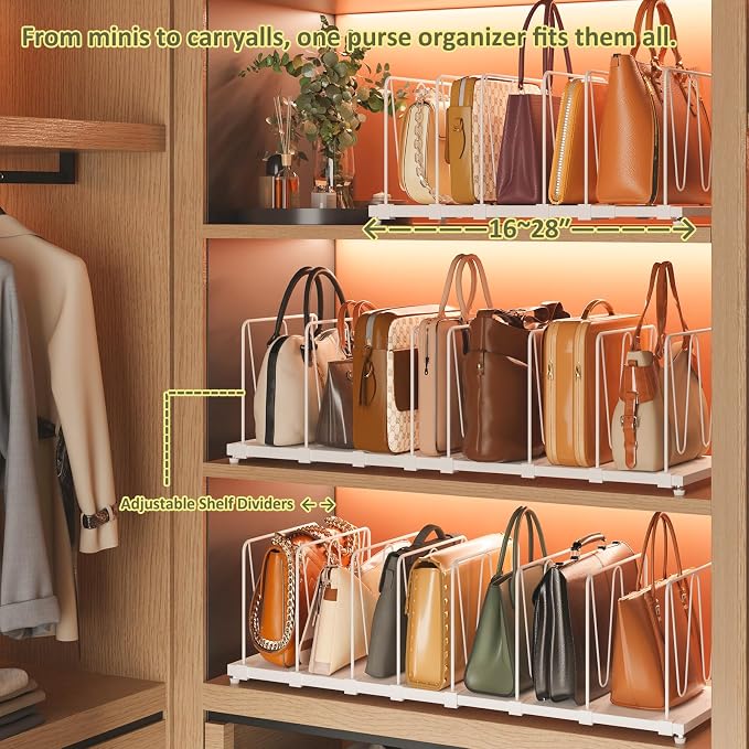 Dmevkic Extendable Purse Organizers Purse Storage. Length 16-28 in. Bag Organizer Purse Holder for Closet with 8 Adjustable Shelf Dividers Patent Pending