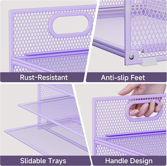 Purple Paper Organizer for Desk with Handle, 6-Tier Metal Mesh File Organizer | Stackable Desktop Organizer for Office Supplies & Stationery Storage