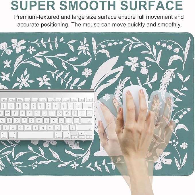 L-SPOUTTO Blue Desk Mat for Keyboard and Mouse,XXL Boho Gaming Mouse Pad | Cute Rabbit Large 35.4x15.7in Non-Slip Rubber Base Keyboard Pad Waterproof Desktop Mat for Laptop Computer Work Home Office
