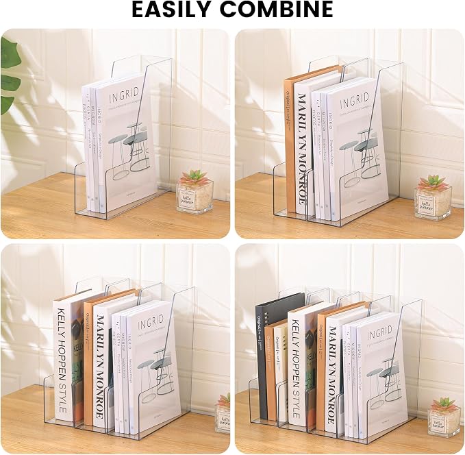 CiWiVOKi Vertical File Holder, Clear PET Desk Organizer and Storage Bins Holding for Magazines, Binders, Notebooks, Envelopes, Multi-purpose Plastic Document Organizer for Home Office, 4 pack