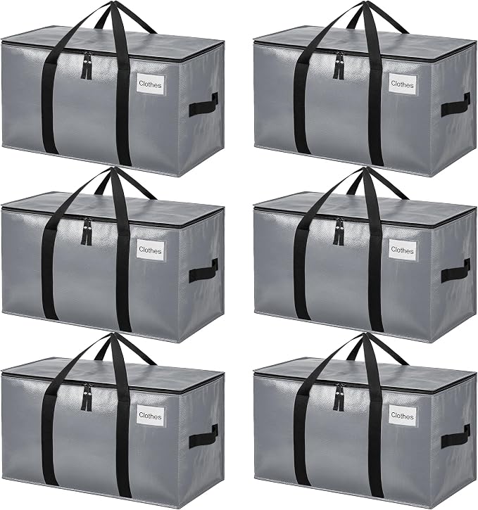 BAGAIL Heavy Duty Moving Bags with Strong Handle, Extra Large Moving Boxes, Storage Tote for Clothes, College Moving Supplies(Grey, 6 Pack)