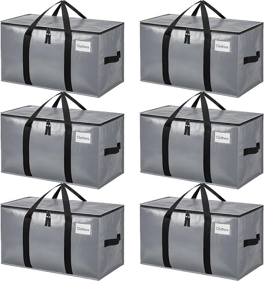 BAGAIL Heavy Duty Moving Bags with Strong Handle, Extra Large Moving Boxes, Storage Tote for Clothes, College Moving Supplies(Grey, 6 Pack)