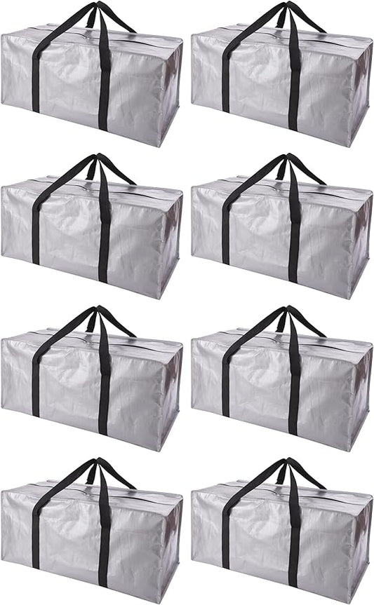 PANDA JOYS Extra Large Moving Bags with Zippers & Carrying Handles, Heavy-Duty Storage Tote for Space Saving Moving Storage, Fold Flat, Alternative to Box and Bin - 8 Pack, Silver