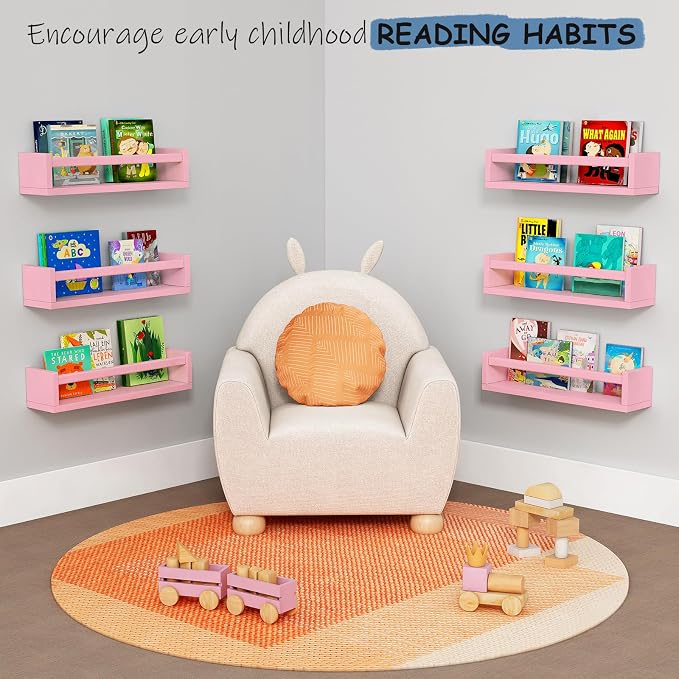 Harwaya Pink Nursery Floating Shelves for Wall Set of 3, Baby Girls Room Wall Book Shelves for Kids Bedroom, Corner Bookshelf for Toddler Children Bathroom Decor and Toys Organizers and Storage