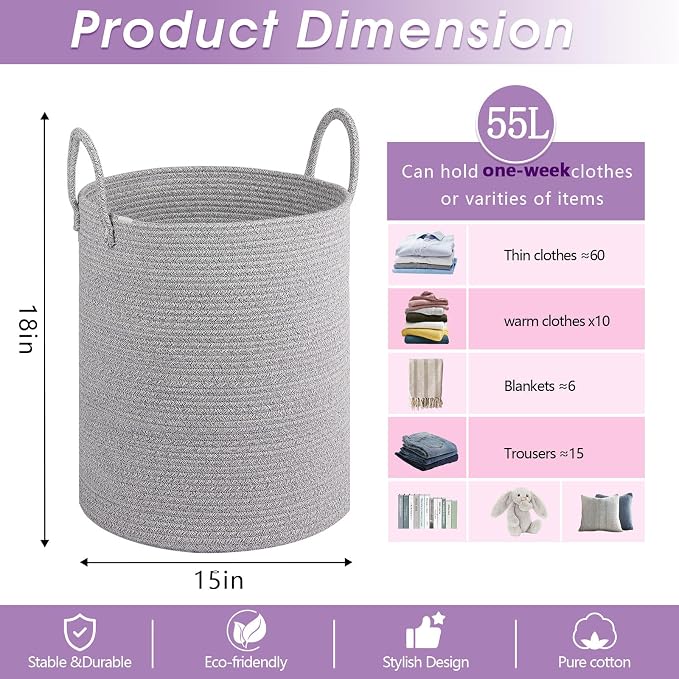 Large Laundry Basket,Laundry Hamper,15''x18'' Cotton Rope Storage Basket with Handles,Baby Hamper,Nursery Blanket Storage Living Room,Toy Basket,Kids Laundry Basket(Light Gray)