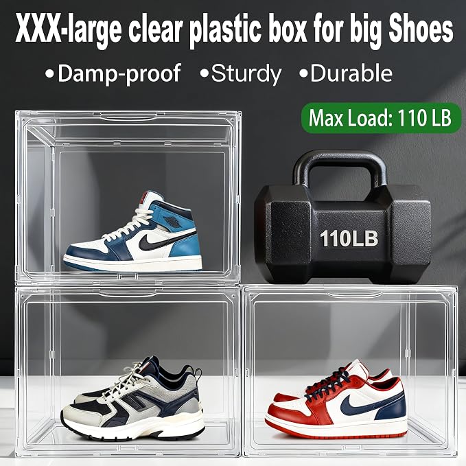 3 Pack XXX-Large Tall Boot Storage Organizer 17.3x13x13, Acrylic Display Case Shoe Boxes Extra Large Helmet Showcase Clear Stackable Hangbag Tote Bag with Magnetic Lid, 3 Pack Boxes with 2 Shoe Bags