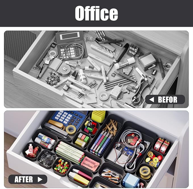 Drawer Organizers Bins 18 PCS for Bathroom Makeup Desk Office | with Non-slip Pads, 4 Sizes, Plastic Tray, Vanity Organizer, Kitchen Utensils Organizer