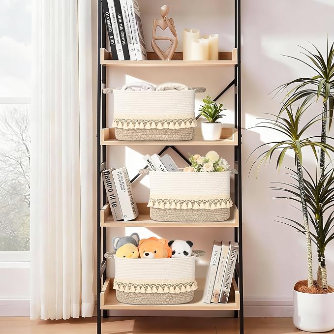 2 Pack Storage Basket for Shelves, Boho Cotton Rope Storage Bins with Heavy Tassel, Shelf Baskets Large Woven Baskets for Organizing, Cube Organizer Bins, Baby Laundry Basket for Clothes, Toys, Pets