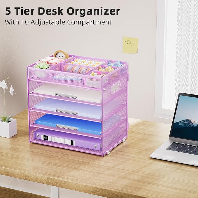 Marbrasse 5 Tier Mesh Desk File Organizer, Purple | Letter Tray, With Handle, Paper Sorter, Adjustable