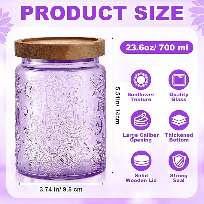 LemonRoad 8 Pcs Vintage Purple Glass Storage Jars 23.67 oz Candy Jar Canister with Solid Wood Lids Food Storage Container for Kitchen, Ground Coffee, Tea, Sugar, Decorative Mason Cookie Jar