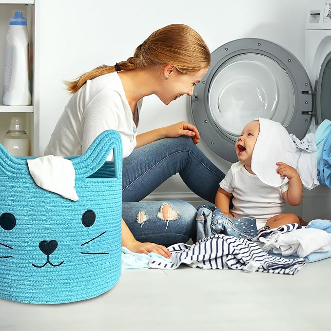 VK VK·LIVING Large Cat Toy Basket with Handles 15"Lx14"H Cotton Rope Toy Box with Cat Design, Cute Animal Basket for Laundry, Baby, Towels, Blankets, Woven Cotton Rope Storage Organizer Blue
