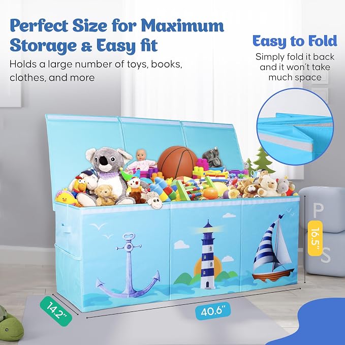 Extra Large Collapsible Sturdy Toy Storage Organizer with Lids, Ocean Theme Toy Box for Boys & Girls, 40"x16"x16", Modern, Blue