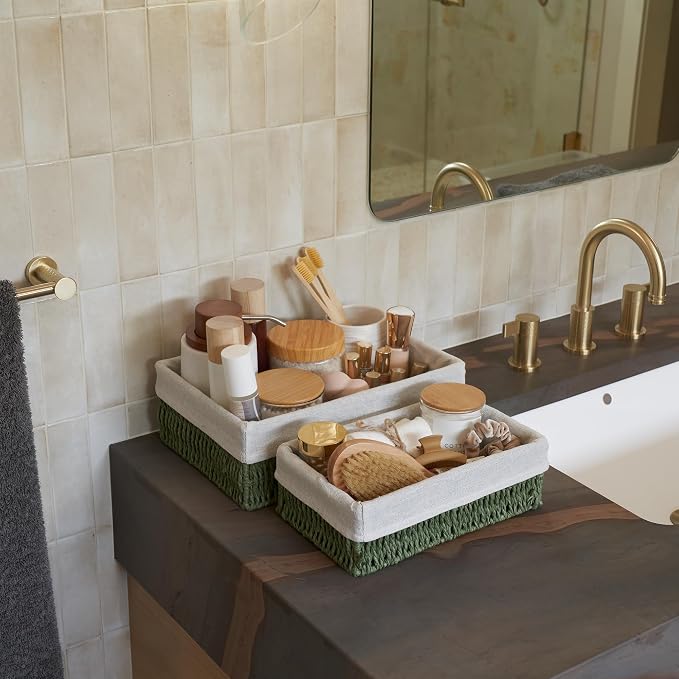 Beautiful Toilet Paper Storage Basket Set of 2 – Decorative Wicker Bathroom Organizer for Toilet Tank Trays - Quality Holder Bin for Shelves Fits Perfectly with Any Bathroom Decor