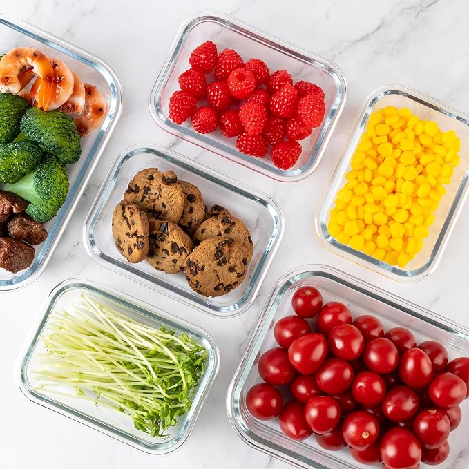 16Pack Glass Meal Prep Containers 8 Bowls with 8 Airtight Blue Lids 2 Sizes | Borosilicate glass food storage set for lunch, leftovers & portion control — microwave/freezer/dishwasher safe, leak-proof