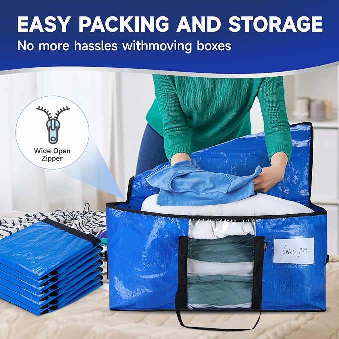 CONGREGATE 8-Pack Heavy Duty Moving Bags, Blue, 28.7"x13.7"x15" | Zippers and Handles, PE Material, Window Design, 97 Liters / 25.6 Gallons