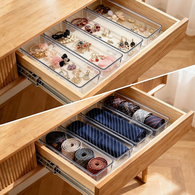 6 Pcs Large Clear Plastic Drawer Organizers Tray 12"x3" Storage Bins with 25 Pcs Non-Slip Pads for Makeup, Jewelries, Kitchen Utensils, Bathroom and Office